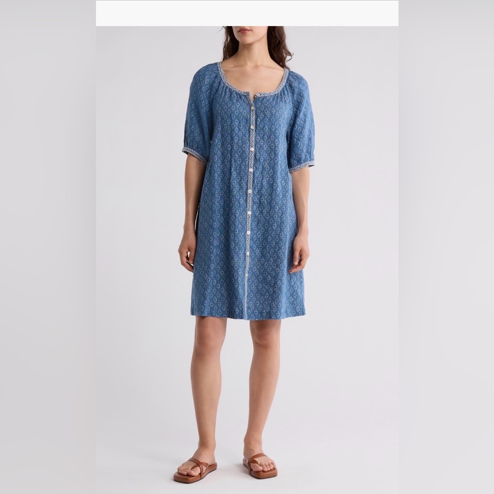 NWT Faherty Women's Size XS Linen Blue Geo Button Up Mini Dress NEW $178